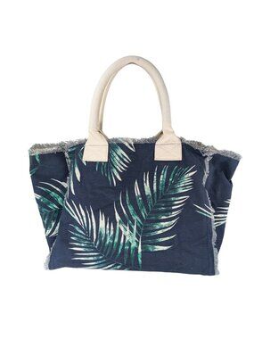 G by Giuliana Blue Canvas Raw Edge Frayed Trim Tropical Leaf Beach Pool Zip Tote